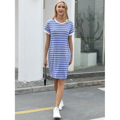 QINCAO Summer Dresses for Women 2023 Striped T Shirt Dresses Stretchy Short Mini Dress,L(12-14)