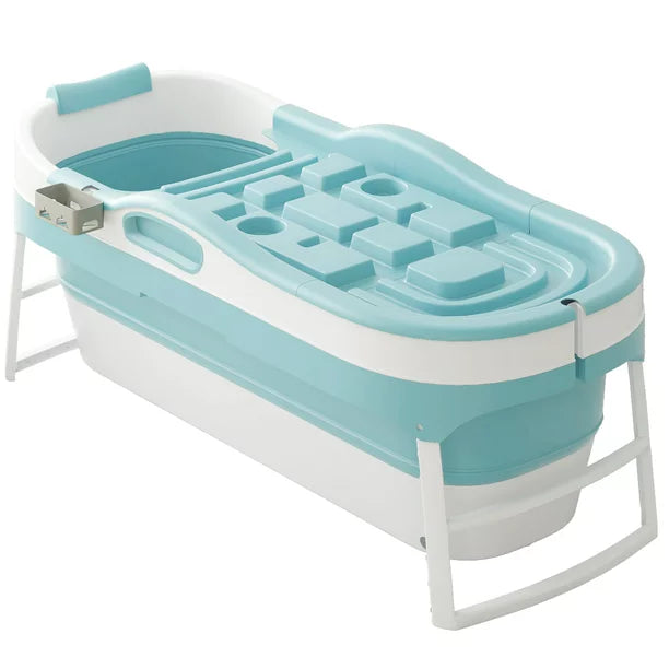 Mjkone Foldable Adult Bathtub with Lid,58 inches Large Portable Bathtub,Collapsible Temperature Maintenance Bathtub Shower for with Body Bath Pillow, Massage Roller, Non-Slip,Blue