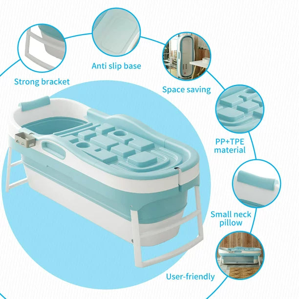 Mjkone Foldable Adult Bathtub with Lid,58 inches Large Portable Bathtub,Collapsible Temperature Maintenance Bathtub Shower for with Body Bath Pillow, Massage Roller, Non-Slip,Blue