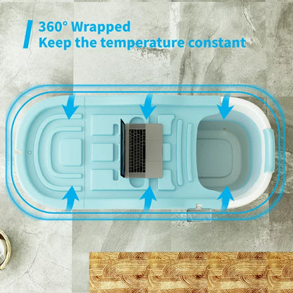 Mjkone Foldable Adult Bathtub with Lid,58 inches Large Portable Bathtub,Collapsible Temperature Maintenance Bathtub Shower for with Body Bath Pillow, Massage Roller, Non-Slip,Blue