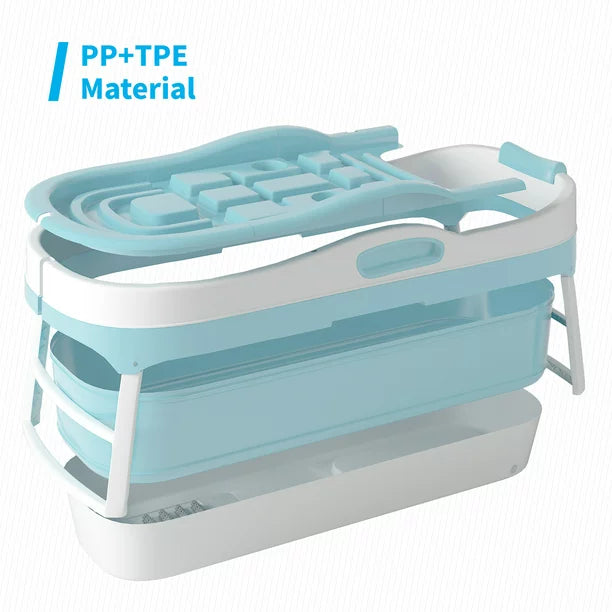 Mjkone Foldable Adult Bathtub with Lid,58 inches Large Portable Bathtub,Collapsible Temperature Maintenance Bathtub Shower for with Body Bath Pillow, Massage Roller, Non-Slip,Blue