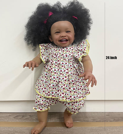 24 Inch Reborn Baby Dolls, 2023 Latest Lifelike Newborn Baby Doll, Black Skin Handmade Body Real Looking Doll Birthday Christmas Children Gift for Age 3+