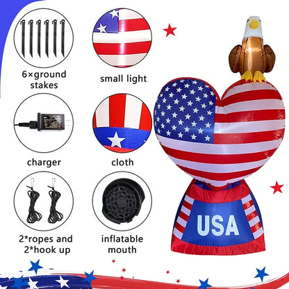 6 FT Patriotic Independence Day 4th of July Inflatable Love Heart with LED Lights American Flag and Eagle for Outdoor Indoor Lawn Yard Holiday Decoration Blow up Home Garden Decor