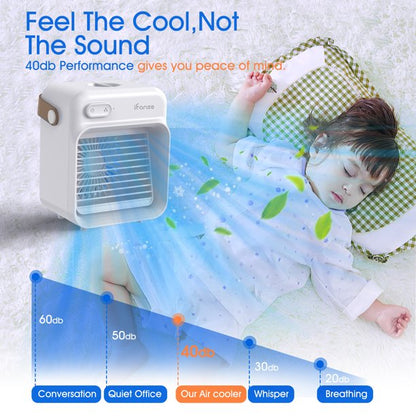 iFanze Portable Air Conditioner, Rechargeable Personal Cordless Air Cooler Quiet Desk Fan with 3 Speeds Small Air Conditioner Fan Mini Evaporative Cooler for Small Room Office Dorm and Outdoor (White)