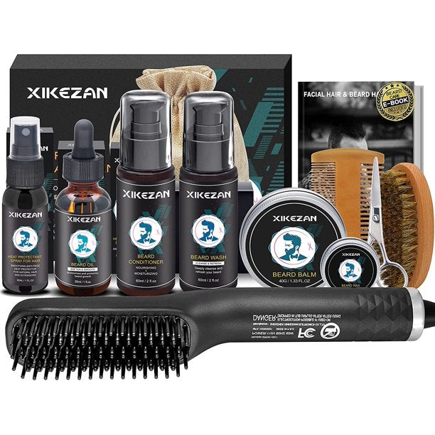 XIKEZAN Beard Straightener Kit,Beard Growth Grooming Kit W/Beard Straightener,Heat Protectant Spray,Beard Wash Shampoo,Conditioner,Oil,Balm,Wax,Comb,Brush,Scissor,Bag,E-Book