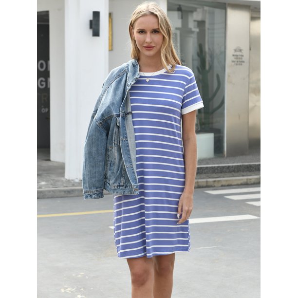 QINCAO Summer Dresses for Women 2023 Striped T Shirt Dresses Stretchy Short Mini Dress,L(12-14)
