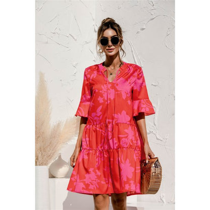 QINCAO Women Dresses Summer Dress V-Neck Short Sleeve T-Shirt Dress Babydoll Ruffles Casual Mini Female Dress Red