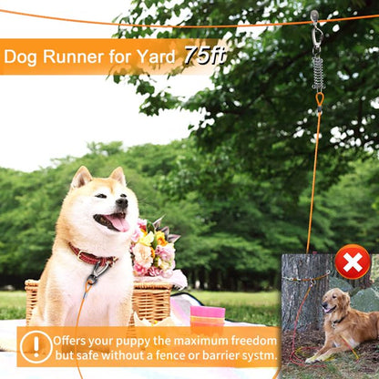 Dog Tie Out Runner for Yard, 75ft Dog Trolley Runner Cable for Dogs up to 250lbs, Dog Lead for Yard, Camping, with 15FT Dog Runner Line, Orange