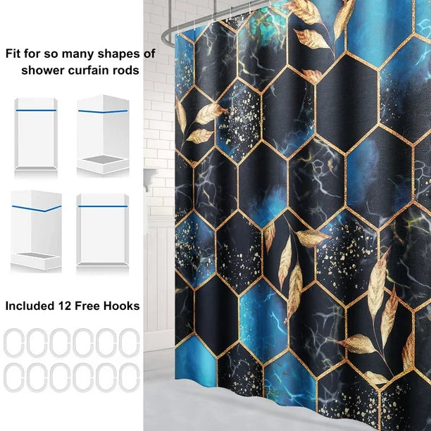 BSHAPPLUS 4Pcs Marble Shower Curtain Sets, 71"x79" Waterproof Bath Curtains with 12 Hooks, Non-Slip Rug, Toilet Lid Cover and U-shape Mat for Home Hotel Bathroom Decor