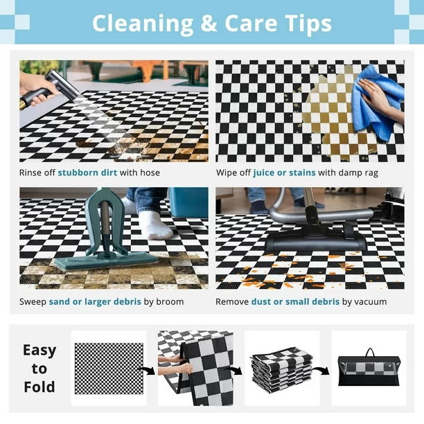 GOTGELIF 9x18 Outdoor Rug Plasti Straw Rug Waterproof Area Rugs Reversible Patio Rug Portable Rug Black and White Outdoor Rug with 4 Ground Nails for RV,Patio,Backyard,Deck,Picnic,Beach