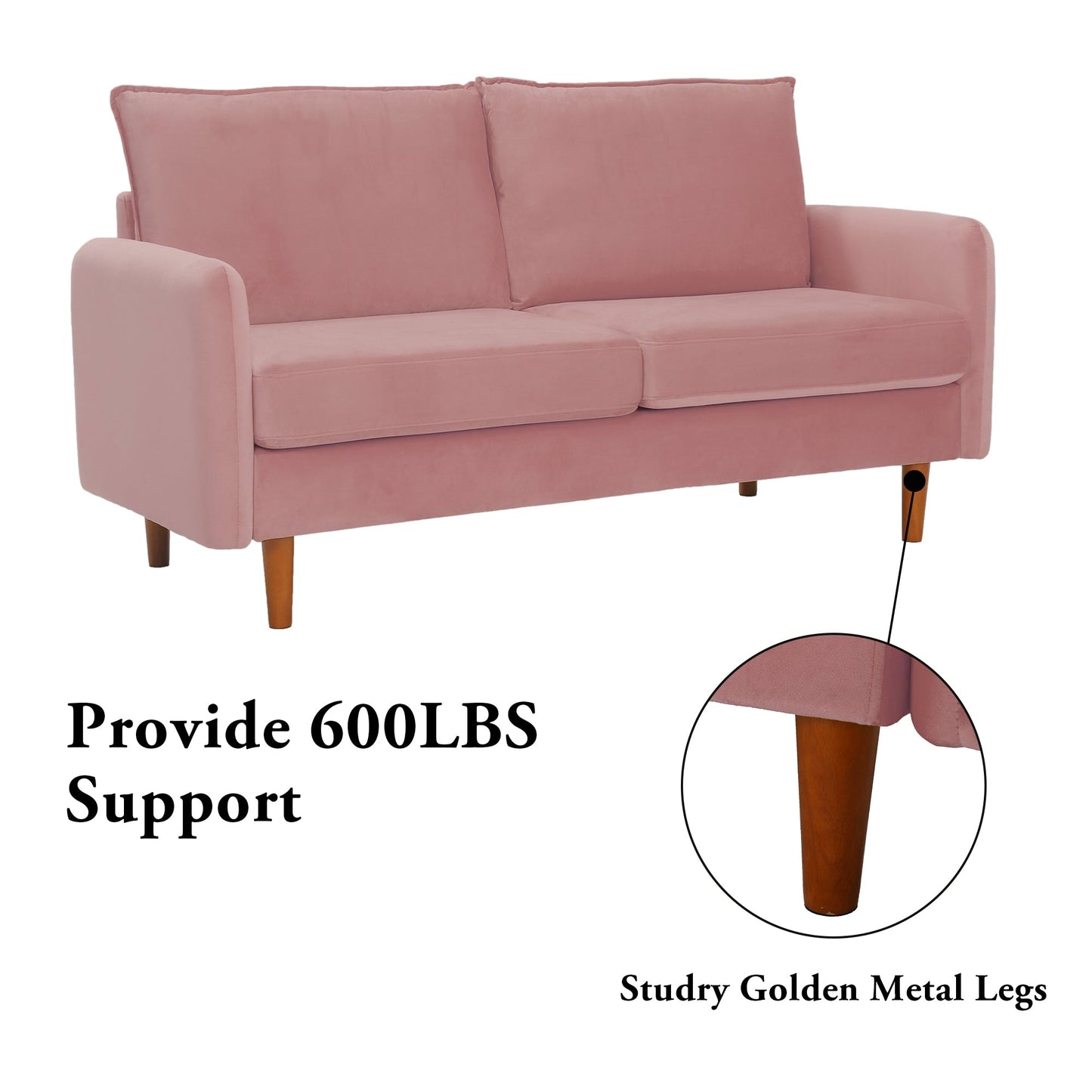 Kowilk Velvet Loveseat Sofa, 69'' Mid Century Modern Small Love Seats Furniture Comfy Couch for Living Room, Upholstered 2 Seater Sofa for Small Apartment（Pink）