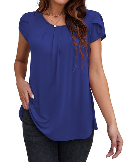 VOIANLIMO Womens Casual Round Neck Basic Pleated Top Cap Sleeve Curved Keyhole Back Blouse S-2XL