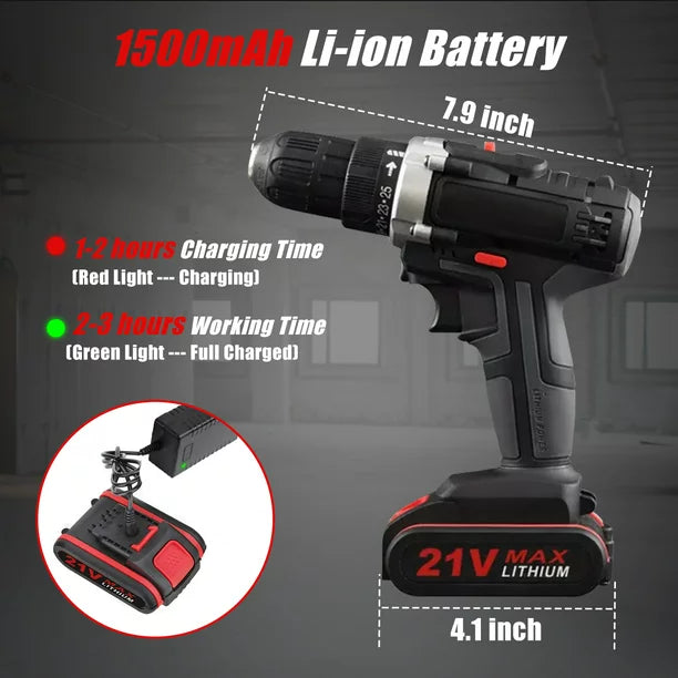 21 Volts Cordless Drill, Multifunctional Electric Power Drill Cordless, Variable Speed with 1500mAH Battery and 3/8-inch Chuck, Home DIY for Men Women Elderly