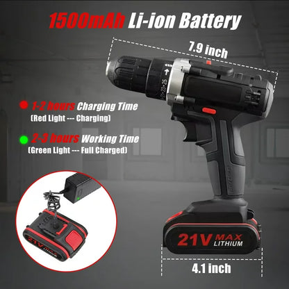 21 Volts Cordless Drill, Multifunctional Electric Power Drill Cordless, Variable Speed with 1500mAH Battery and 3/8-inch Chuck, Home DIY for Men Women Elderly