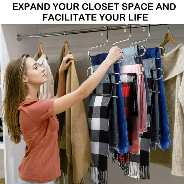 8 Pack Pants Hangers Space Saving, 5 Layers S-Shape Non-Slip Hangers, Greentro Stainless Steel Hangers for Pants Jeans Trousers Scarf Leggings Organizer for Closet
