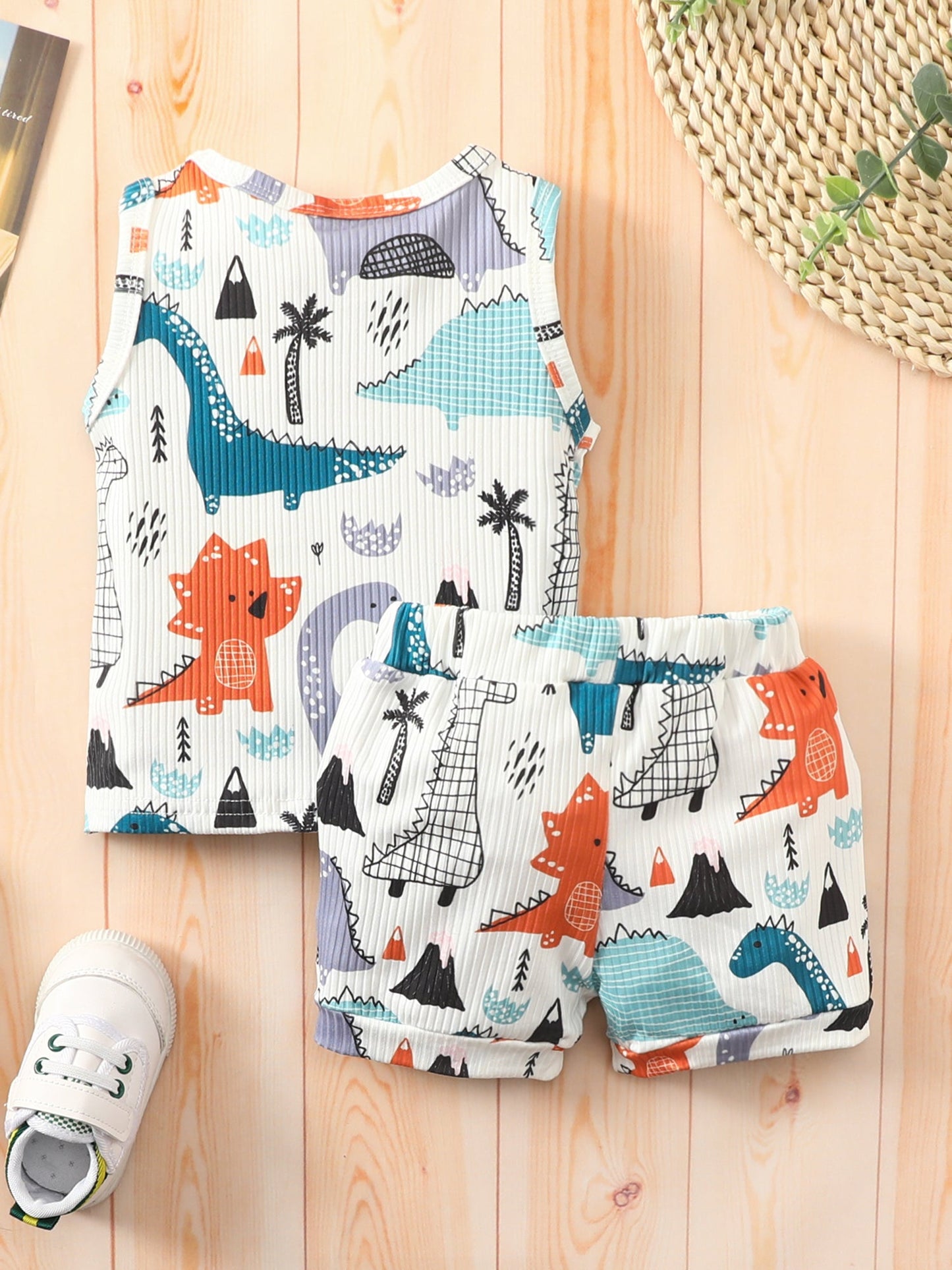 jaweiwi Infant Baby Summer Clothes for Boys, 3M 6M 12M 18M 24M 3T Toddler Dinosaur Print Outfits Crew Neck Sleeveless Tank Tops and Elastic Waist Shorts 2Pcs Suit