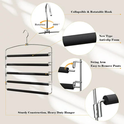 3 Pack Pants Hangers Space Saving, 5-Tier Pants Rack, Non-Slip Stainless Steel Hangers, Swing Arm Trousers Hanger, Closet Storage Organizer for Pants Jeans Trouser