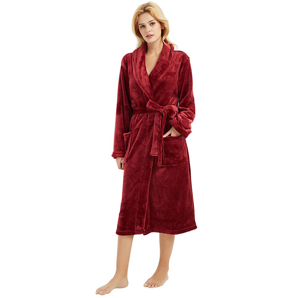 HEARTNICE Womens Fleece Robes, Long Bathrobe House Coat, Thick Kimono Robes, (Wine S-M)