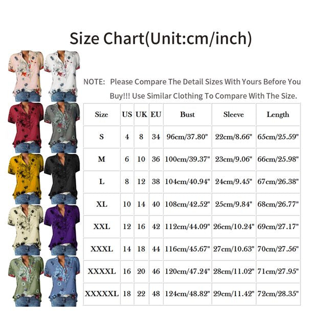 Womens Tops Women's Casual Printed V-neck Short-Sleeved Shirt Pullover Loose Blouse Tops L