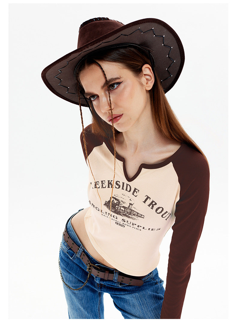 Women's Shoulder Long Sleeve Crop Toptrend Retro Girls Bare Midriff,Apricot S