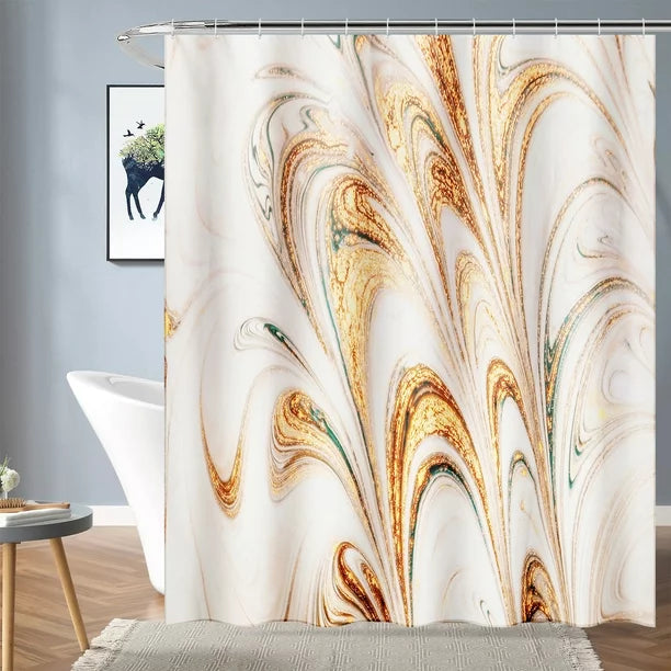 BSHAPPLUS 4PCS Bathroom Sets, 71"x79" Waterproof Shower Curtains with 12 Hooks, Large Bath Mat, Toilet Lid Cover and U-Shape Rug for Home Hotel Decor - Golden Marble