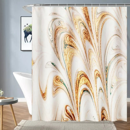 BSHAPPLUS 4PCS Bathroom Sets, 71"x79" Waterproof Shower Curtains with 12 Hooks, Large Bath Mat, Toilet Lid Cover and U-Shape Rug for Home Hotel Decor - Golden Marble