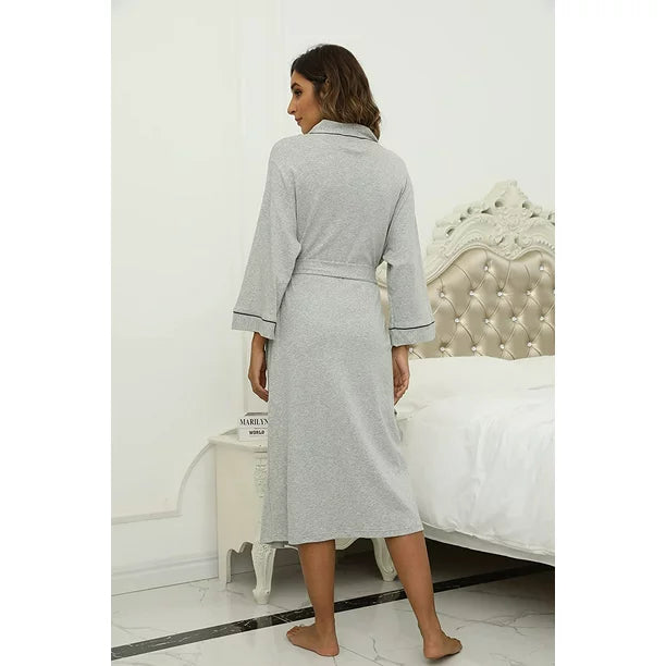 HEARTNICE Womens Robe, Lightweight Blended Cotton Knit Spa Long Bathrobe Soft Kimono 3/4 Sleeve Loungewear,(Grey mel. M)