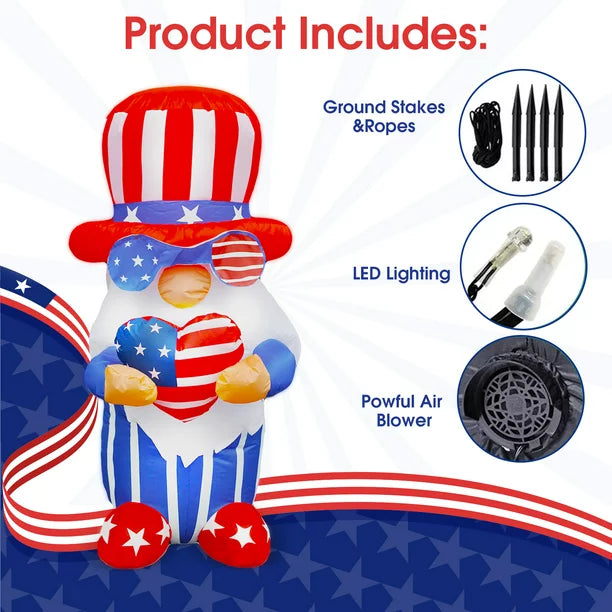 ifanze 4Ft Independence Day Inflatable Gnome Holding America Heart Decor Patriotic 4th of July Blow Up Dwarf with LED Lights for Home Yard Lawn Garden Indoor Outdoor Decoration Memorial Day ,Blue