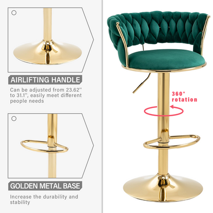 Kowilk Modern Swivel Bar Stool Set of 2, Velvet Bar Stool Height Adjustable Airlift with Backrest and Gold Footrest for Dining Room, Kitchen Island, Pub, Bar ( Emerald)