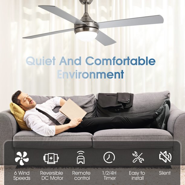 52 inch Ceiling Fan with LED Lights and Remote Control, 6 Speed Reversible Motor, 3-Color Temperatures, 4-Blades, Brushed Nickel Ceiling Fan for Indoor