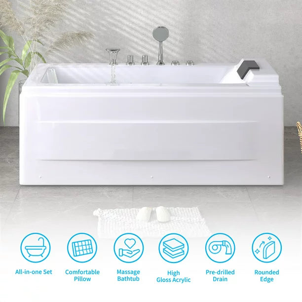 Mjkone 59" Whirlpool Air Massage Bathtub,Rectangular Water Jets Bath,Jetted Soaking Hot Tub with Slip-Resistant,Jet Spa for Bathtub with Faucet Set,Drop in Tub with Waterproof Pillow,Left