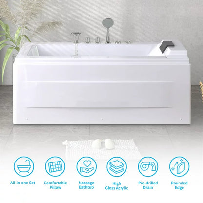 Mjkone 59" Whirlpool Air Massage Bathtub,Rectangular Water Jets Bath,Jetted Soaking Hot Tub with Slip-Resistant,Jet Spa for Bathtub with Faucet Set,Drop in Tub with Waterproof Pillow,Left