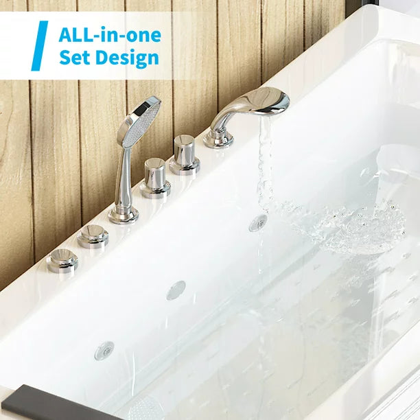 Mjkone 59" Whirlpool Air Massage Bathtub,Rectangular Water Jets Bath,Jetted Soaking Hot Tub with Slip-Resistant,Jet Spa for Bathtub with Faucet Set,Drop in Tub with Waterproof Pillow,Left