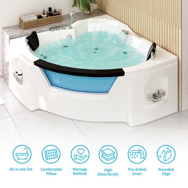 Mjkone Freestanding Whirlpool Bathtub,Spacious Triangle Shaped Back to Wall Tub,Therapy Massage Soaking Tub with Double Pillows,Elegant White Acrylic Jet Spa with Powerful Hydro Jets