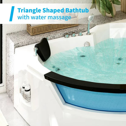 Mjkone Freestanding Whirlpool Bathtub,Spacious Triangle Shaped Back to Wall Tub,Therapy Massage Soaking Tub with Double Pillows,Elegant White Acrylic Jet Spa with Powerful Hydro Jets
