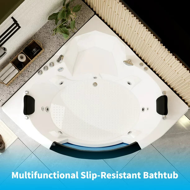 Mjkone Freestanding Whirlpool Bathtub,Spacious Triangle Shaped Back to Wall Tub,Therapy Massage Soaking Tub with Double Pillows,Elegant White Acrylic Jet Spa with Powerful Hydro Jets