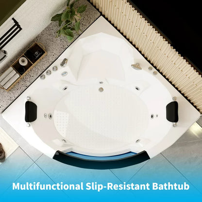 Mjkone Freestanding Whirlpool Bathtub,Spacious Triangle Shaped Back to Wall Tub,Therapy Massage Soaking Tub with Double Pillows,Elegant White Acrylic Jet Spa with Powerful Hydro Jets