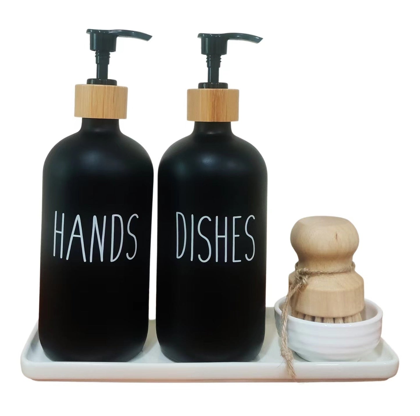 Hand Dish Soap Glass Dispenser Set for Kitchen Sink with Ceramic Tray Wooden Dish Brush Pump Scrubber Holder Matte Liquid Soap Dispenser