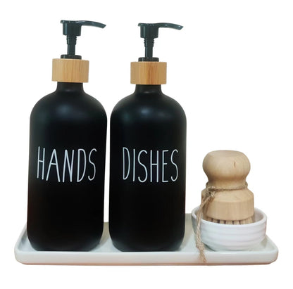 Hand Dish Soap Glass Dispenser Set for Kitchen Sink with Ceramic Tray Wooden Dish Brush Pump Scrubber Holder Matte Liquid Soap Dispenser