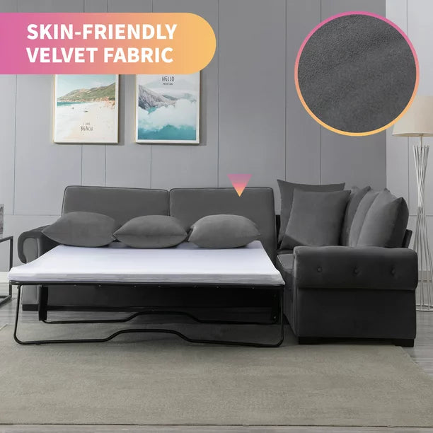 Mixoy 76"W Modern L-Shaped sofa,Convertible Sleeper Sofa Bed,Velvet Sleeper Counch with Memory Foam Mattress for Living Room/Bedroom/Office,Dark Grey