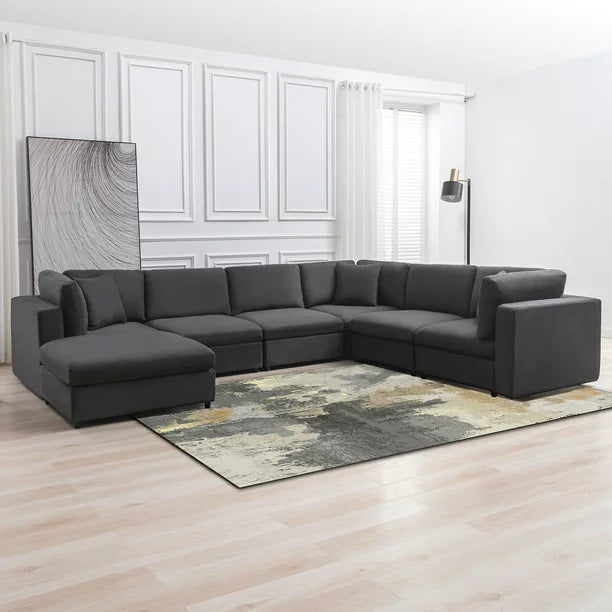 Mixoy Velvet U Shaped Sectional Sofa with Storage, 7 Seater Modular Sectional Sofa with Back Cushion ,Oversized Sleeper Sofa Couch Bed, Convertible Couches for Living Room ( Dark Grey）