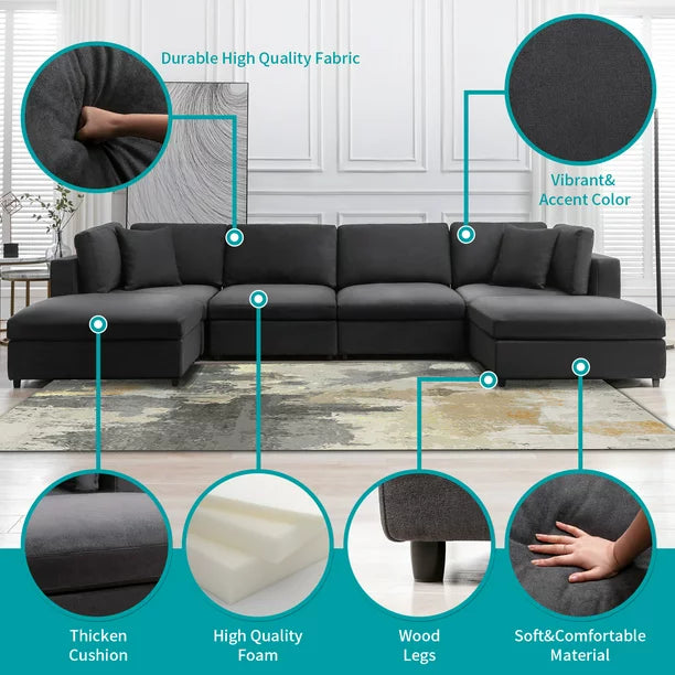Mixoy Velvet U Shaped Sectional Sofa with Storage, 7 Seater Modular Sectional Sofa with Back Cushion ,Oversized Sleeper Sofa Couch Bed, Convertible Couches for Living Room ( Dark Grey）