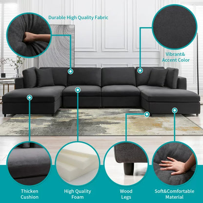 Mixoy Velvet U Shaped Sectional Sofa with Storage, 7 Seater Modular Sectional Sofa with Back Cushion ,Oversized Sleeper Sofa Couch Bed, Convertible Couches for Living Room ( Dark Grey）