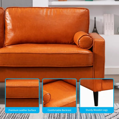 Mjkone 3 Pieces Faux Leather Sofa Couch Set,Mid-Century Single Loveseat Couch and 3 Seater Sofa with Bolster Pillows,Sectional Upholstered Brown Furniture,Small Couch Set for Living Room/Apartment