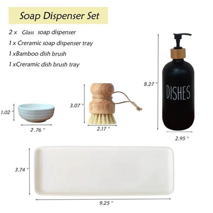 Hand Dish Soap Glass Dispenser Set for Kitchen Sink with Ceramic Tray Wooden Dish Brush Pump Scrubber Holder Matte Liquid Soap Dispenser