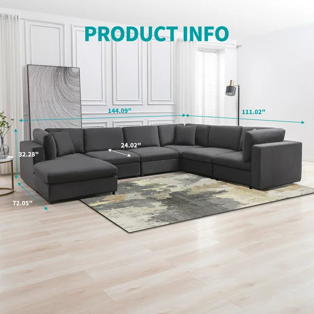 Mixoy Velvet U Shaped Sectional Sofa with Storage, 7 Seater Modular Sectional Sofa with Back Cushion ,Oversized Sleeper Sofa Couch Bed, Convertible Couches for Living Room ( Dark Grey）