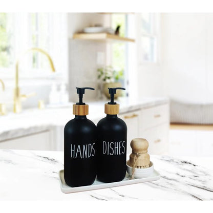 Hand Dish Soap Glass Dispenser Set for Kitchen Sink with Ceramic Tray Wooden Dish Brush Pump Scrubber Holder Matte Liquid Soap Dispenser