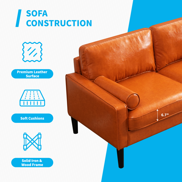 Mjkone 3 Pieces Faux Leather Sofa Couch Set,Mid-Century Single Loveseat Couch and 3 Seater Sofa with Bolster Pillows,Sectional Upholstered Brown Furniture,Small Couch Set for Living Room/Apartment