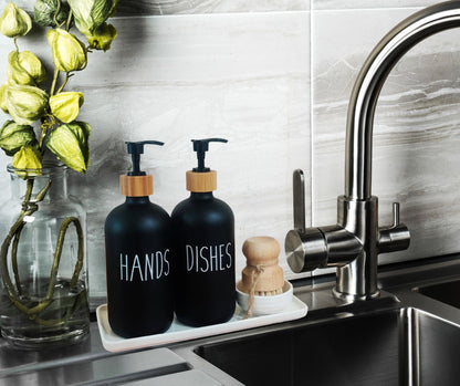 Hand Dish Soap Glass Dispenser Set for Kitchen Sink with Ceramic Tray Wooden Dish Brush Pump Scrubber Holder Matte Liquid Soap Dispenser