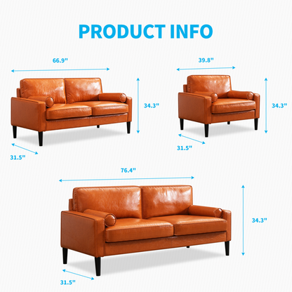 Mjkone 3 Pieces Faux Leather Sofa Couch Set,Mid-Century Single Loveseat Couch and 3 Seater Sofa with Bolster Pillows,Sectional Upholstered Brown Furniture,Small Couch Set for Living Room/Apartment